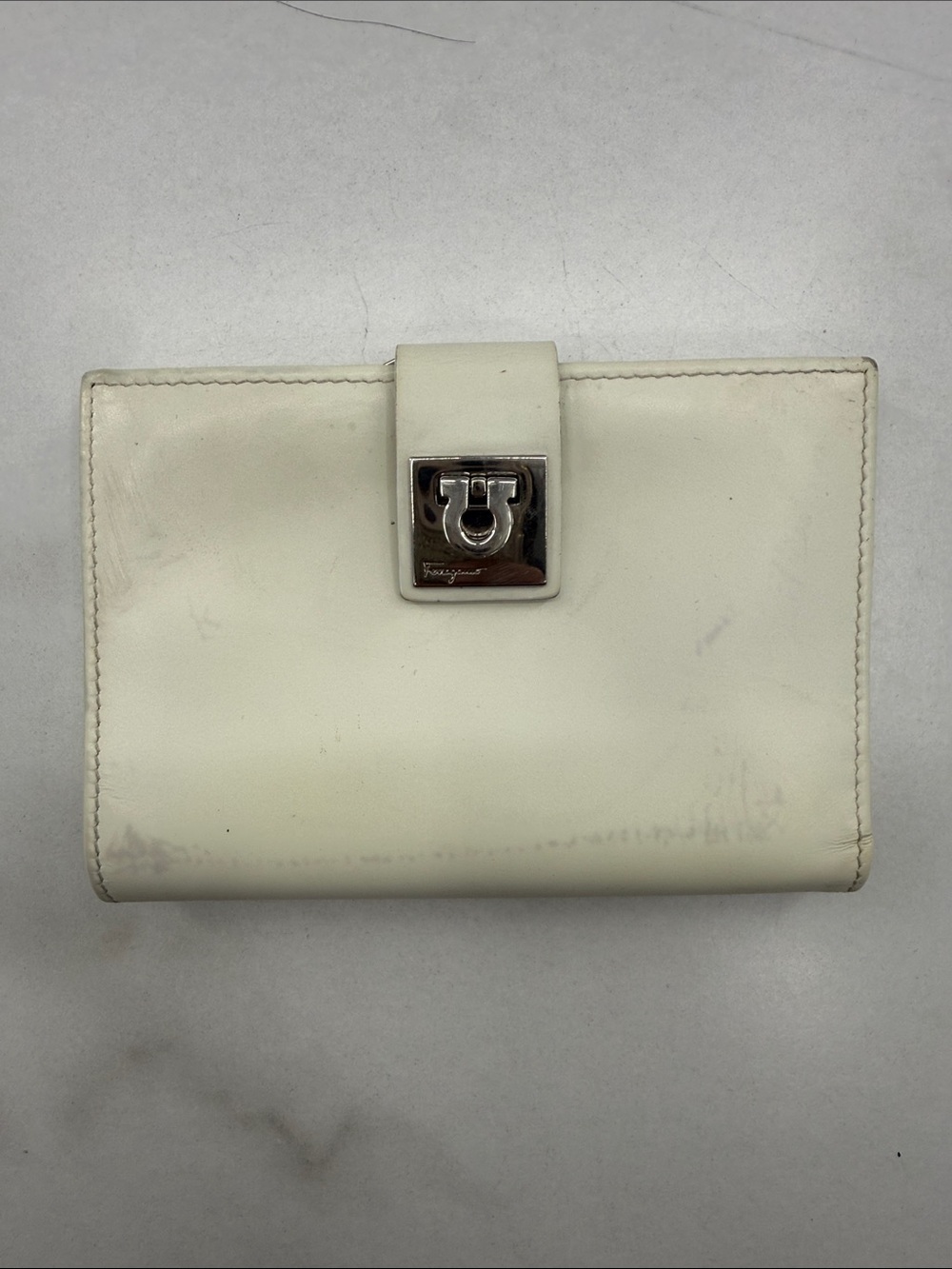 Salvatore Ferragamo Cream Leather Wallet with Silver-Tone Clasp